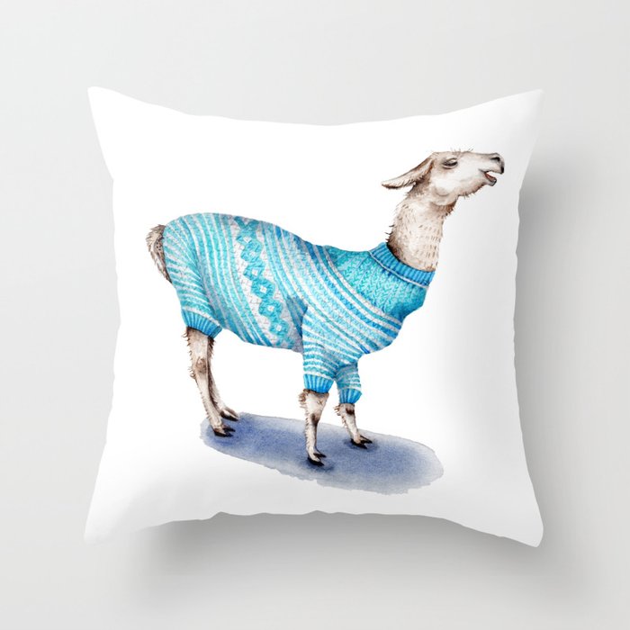 Llama in a Blue Sweater Throw Pillow