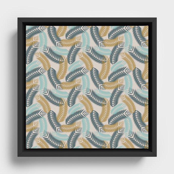 Tropical Palm Tree Leaf Pattern, Teal and Deep Blue Framed Canvas