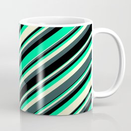 [ Thumbnail: Green, Light Yellow, Dark Slate Gray & Black Colored Lined/Striped Pattern Coffee Mug ]