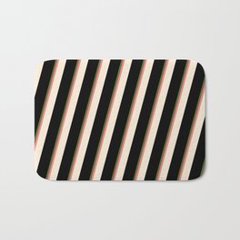 [ Thumbnail: Dark Olive Green, Light Coral, Beige, and Black Colored Striped/Lined Pattern Bath Mat ]