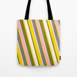 [ Thumbnail: Vibrant Light Pink, Yellow, Green, Gray, and Light Yellow Colored Stripes/Lines Pattern Tote Bag ]