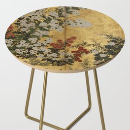 White Red Chrysanthemums Floral Japanese Gold Screen Side Table