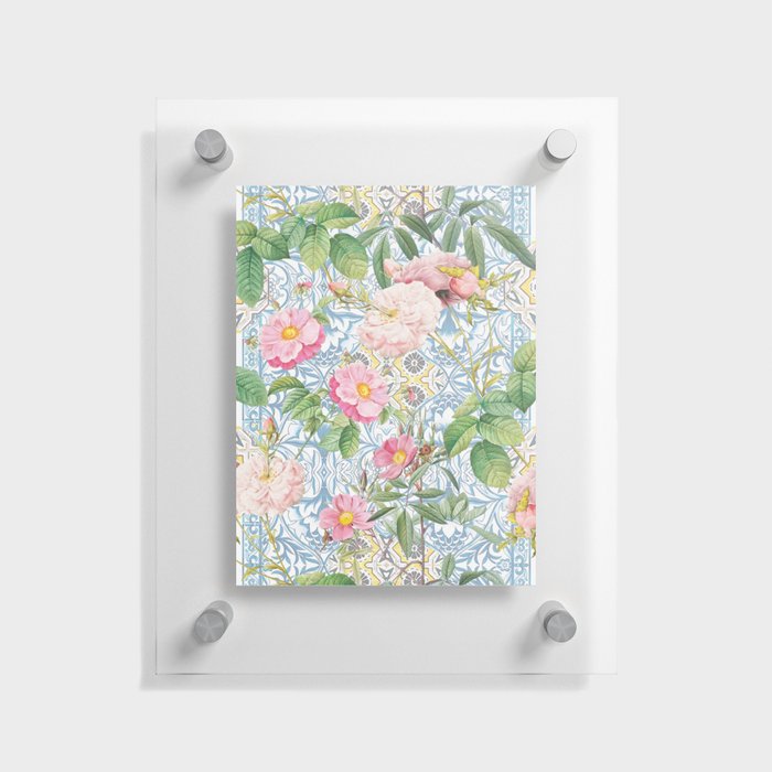 Mediterranean Vintage Summer Blue Tiles And Roses Blossoms Floating Acrylic Print