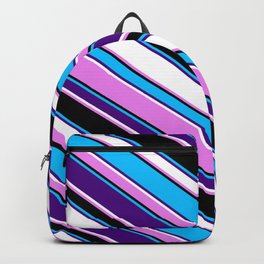[ Thumbnail: Eyecatching Deep Sky Blue, Indigo, White, Violet & Black Colored Stripes/Lines Pattern Backpack ]