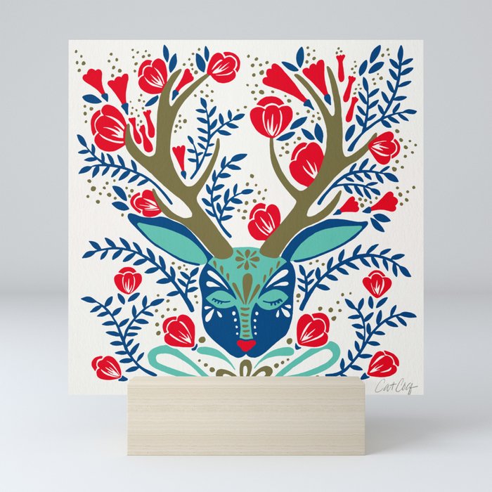 Floral Antlers – Red & Navy Mini Art Print