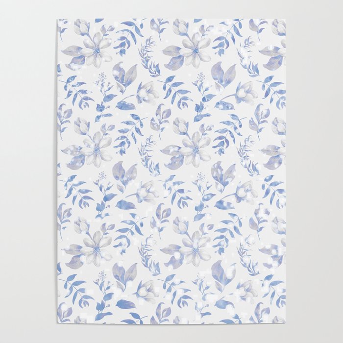 Pastel blue ivory watercolor glitter elegant floral  Poster
