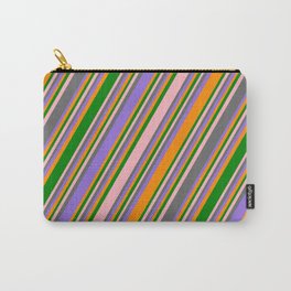 [ Thumbnail: Colorful Light Pink, Dim Grey, Purple, Dark Orange & Green Colored Stripes Pattern Carry-All Pouch ]