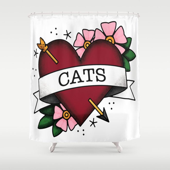 I Love Cats and Tattoos Sailor Jerry Style Tattoo Heart Shower Curtain