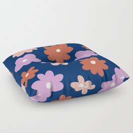 Retro Flowers Lilac, Burnt Orange, Light Pink with Dark Blue Background Floor Pillow