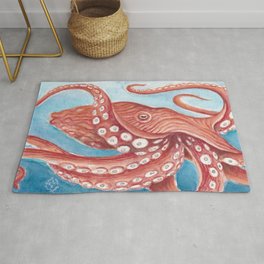 Giant Pacific Red Octopus Watercolor  Rug
