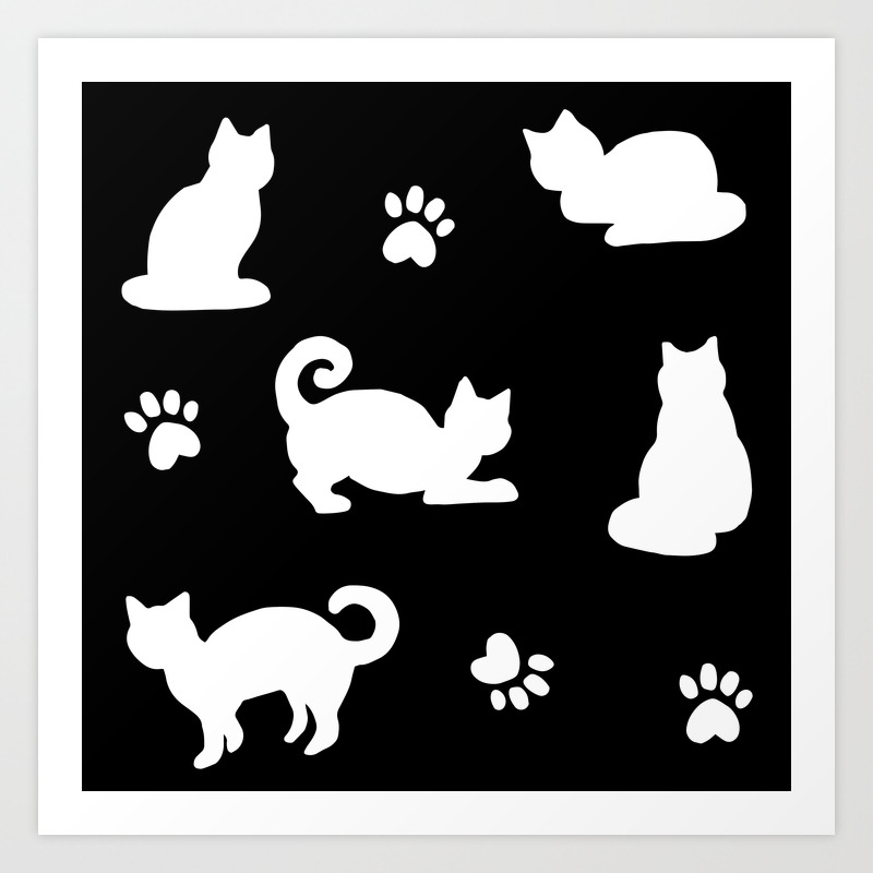 White Cats And Paw Prints Pattern On Black Art Print By