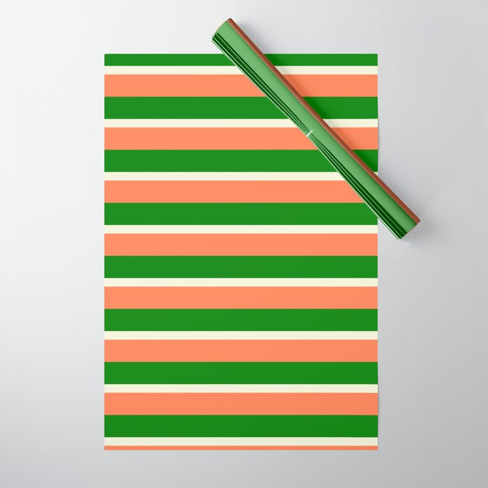 Beige, Coral, and Green Colored Stripes/Lines Pattern Wrapping Paper