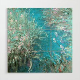 The Path through the Irises floral iris landscape painting by Claude Monet in alternate blue Wood Wall Art