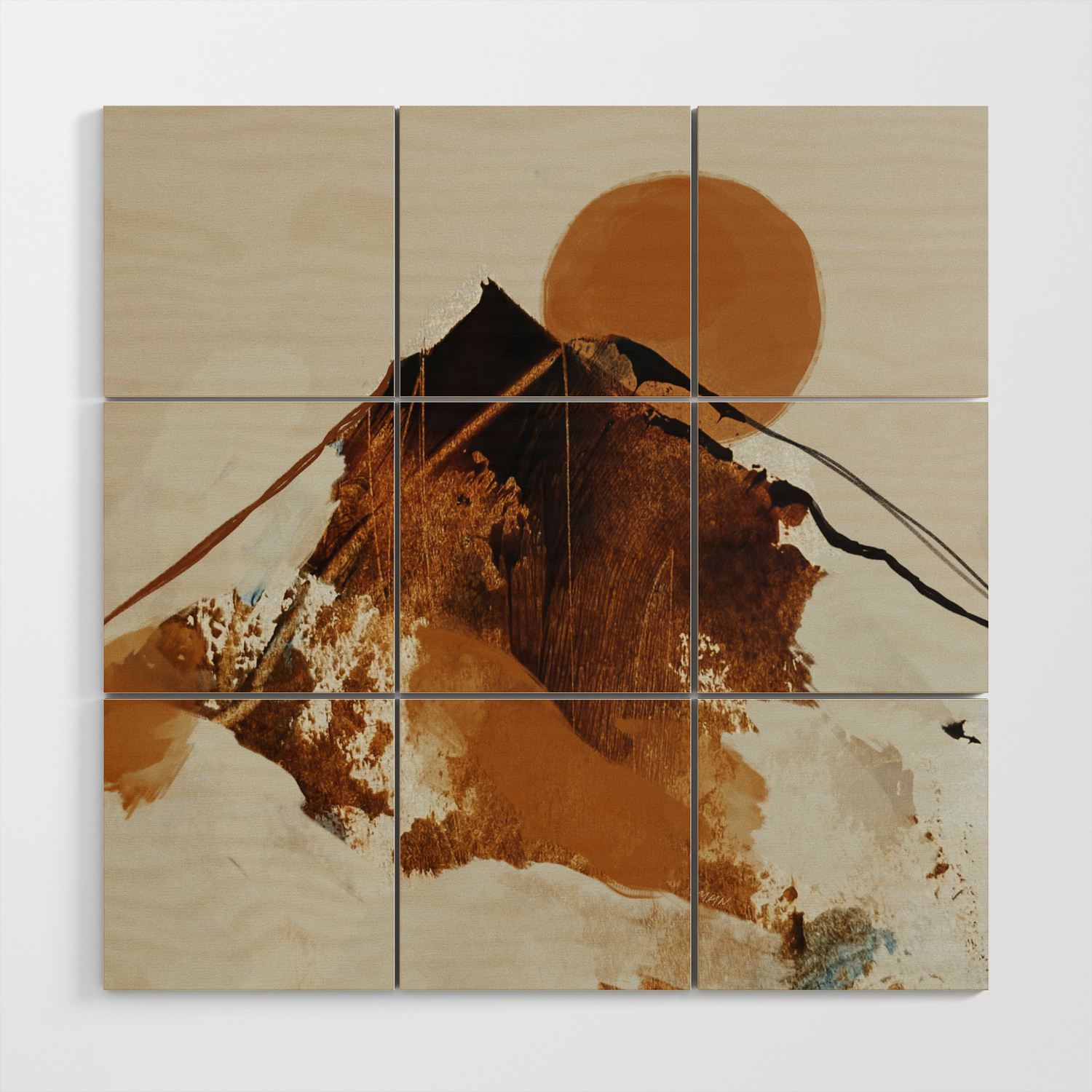 Abstract Mountains Rustic Orange Sunrise Wood Wall Art By