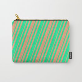 [ Thumbnail: Green & Light Salmon Colored Striped/Lined Pattern Carry-All Pouch ]