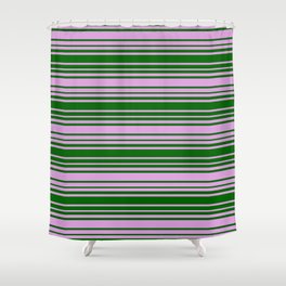 [ Thumbnail: Dark Green and Plum Colored Striped Pattern Shower Curtain ]