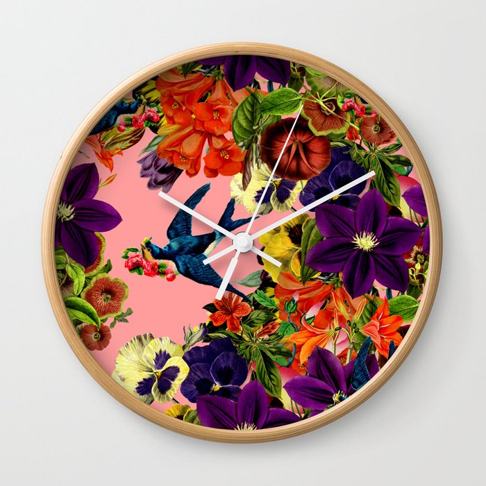Vintage Swallow Floral Pink Wall Clock
