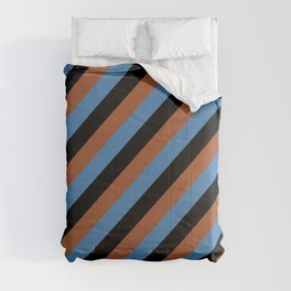 [ Thumbnail: Sienna, Blue, and Black Colored Striped Pattern Comforter ]