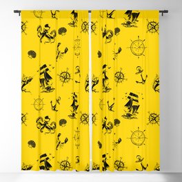 Yellow And Black Silhouettes Of Vintage Nautical Pattern Blackout Curtain