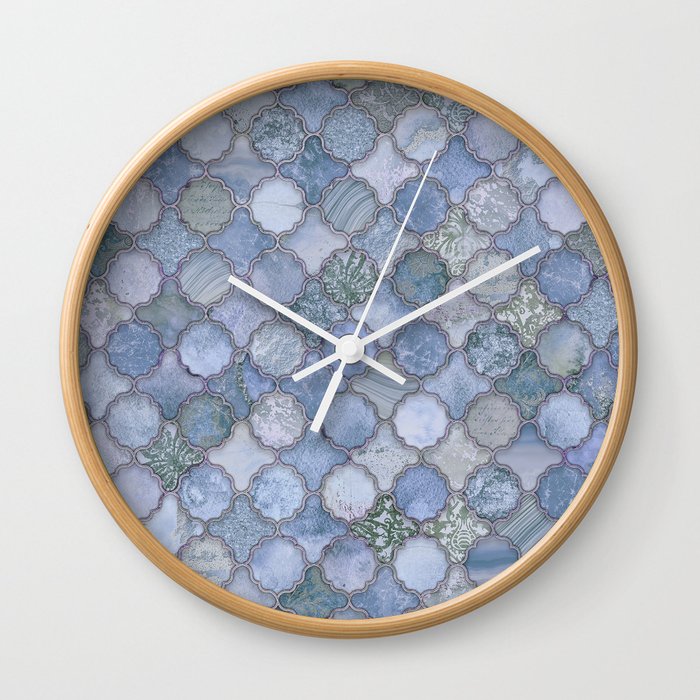 Blue Shabby Chic Moroccan Tiles Faded Bohemian Luxury From The Sultans Palace In Pastel Pink Wall Clock