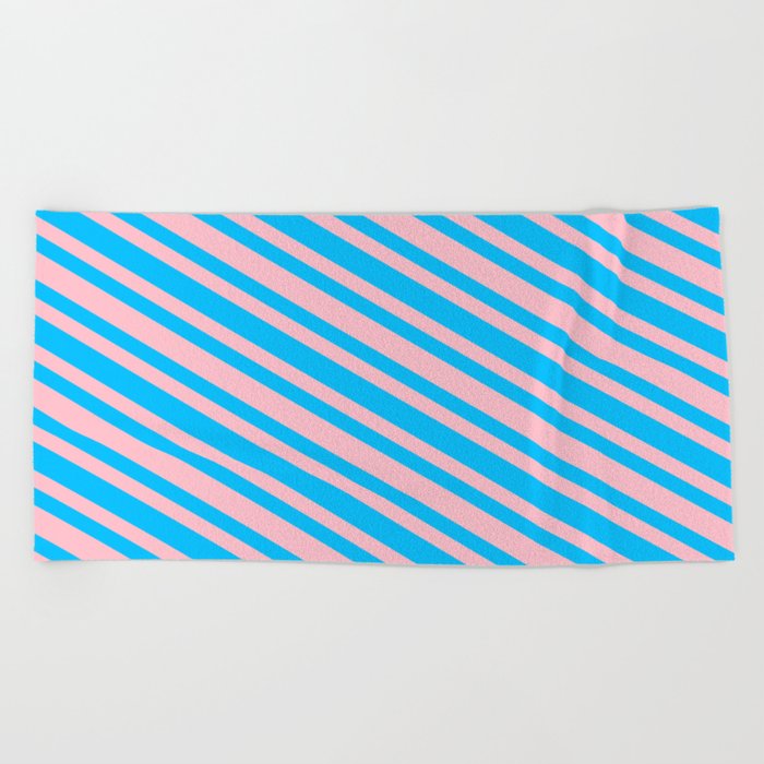 Pink and Deep Sky Blue Colored Striped Pattern Beach Towel