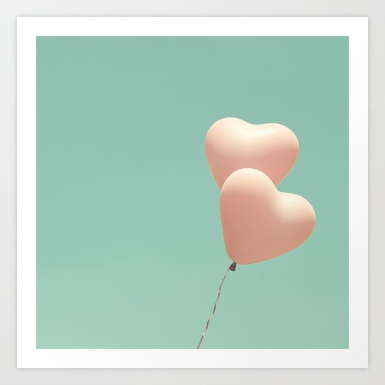 Perfect Love, Pink heart balloons on soft blue sky Art Print