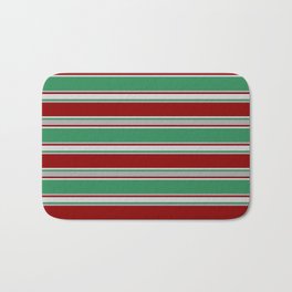 [ Thumbnail: Sea Green, Dark Grey, Dark Red, and Light Grey Colored Lined/Striped Pattern Bath Mat ]