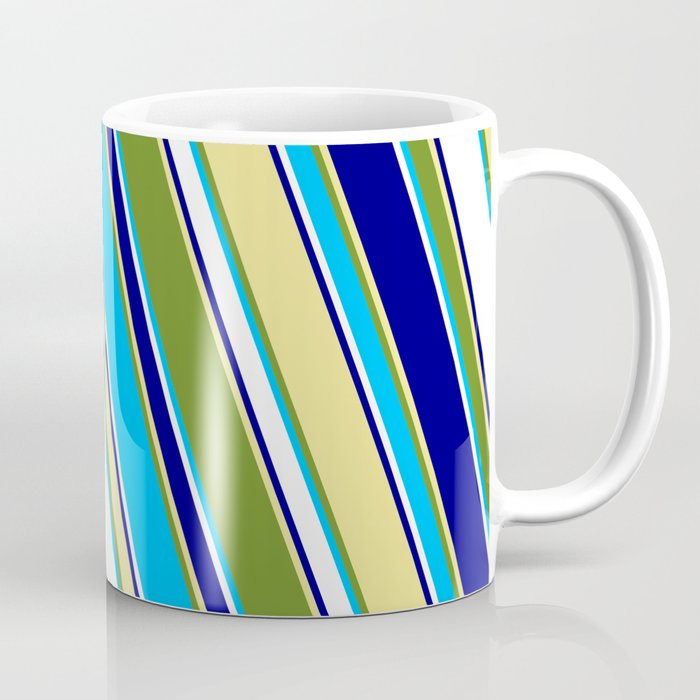 Eyecatching Green, Deep Sky Blue, White, Blue, and Tan Colored Stripes/Lines Pattern Coffee Mug