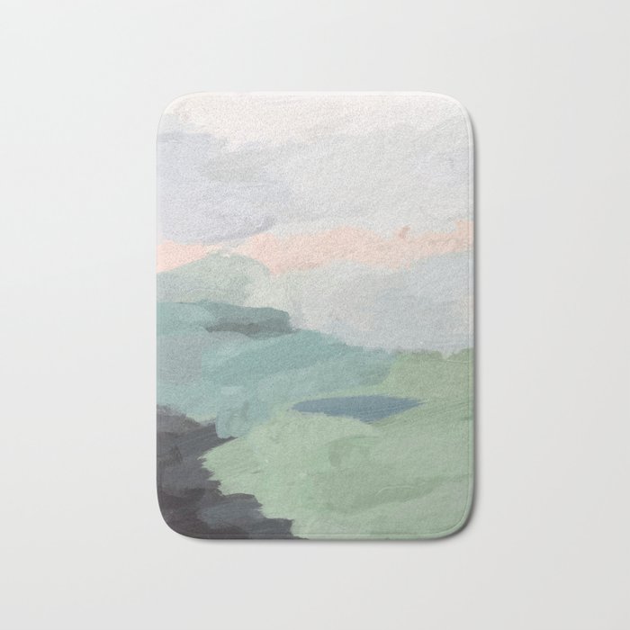 Farmland Sunset II - Seafoam Green Mint Black Blush Pink Abstract Nature Land Art Painting Bath Mat