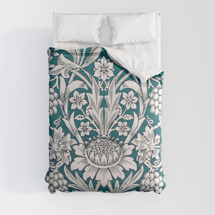 Modern Teal Blue William Morris  Floral Leaves Pattern  Comforter