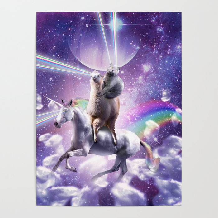 Laser Eyes Space Cat On Llama Unicorn - Rainbow Poster
