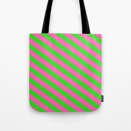 [ Thumbnail: Hot Pink and Lime Colored Lines Pattern Tote Bag ]