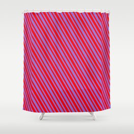 [ Thumbnail: Red and Purple Colored Stripes Pattern Shower Curtain ]