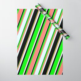 [ Thumbnail: Lime, Salmon, Light Cyan, and Black Colored Striped Pattern Wrapping Paper ]