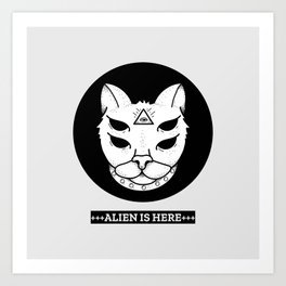 Alien Is Here Art Print | Cats, Digital, Vintage, Typography, Ufo, Kitty, Movies & TV, Funny, Black And White, Cat 