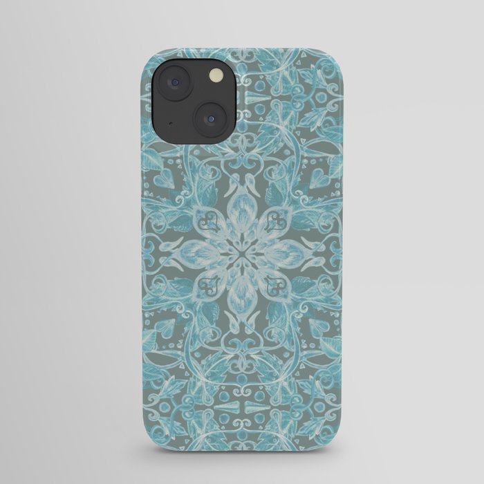 Soft Teal Blue & Grey hand drawn floral pattern iPhone Case