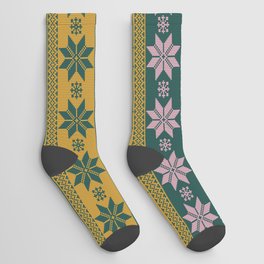 Fair Isle Knitted Snowflake Pattern in Mustard, Blush Pink and Green Socks
