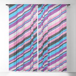 [ Thumbnail: Eyecatching Deep Sky Blue, Purple, Light Grey, Hot Pink, and Black Colored Lined Pattern Sheer Curtain ]
