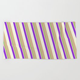 [ Thumbnail: Eye-catching Lime, Light Pink, Purple, Beige & Tan Colored Stripes Pattern Beach Towel ]