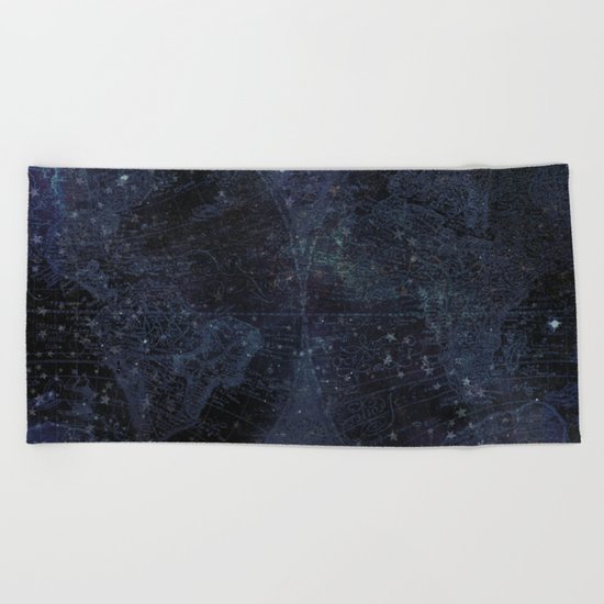 Antique World Star Map Navy Blue Beach Towel