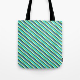 [ Thumbnail: Turquoise, Beige, Forest Green, and Slate Blue Colored Lines/Stripes Pattern Tote Bag ]