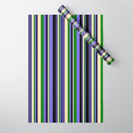 [ Thumbnail: Eyecatching Medium Slate Blue, Green, Beige, Dark Slate Blue, and Black Colored Stripes Pattern Wrapping Paper ]