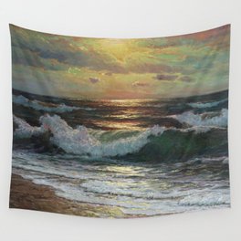Coastal Waves Crashing during Pink Sunset - Impressionist Oil seascape maritime painting by Vartan Makhokhian Wall Tapestry