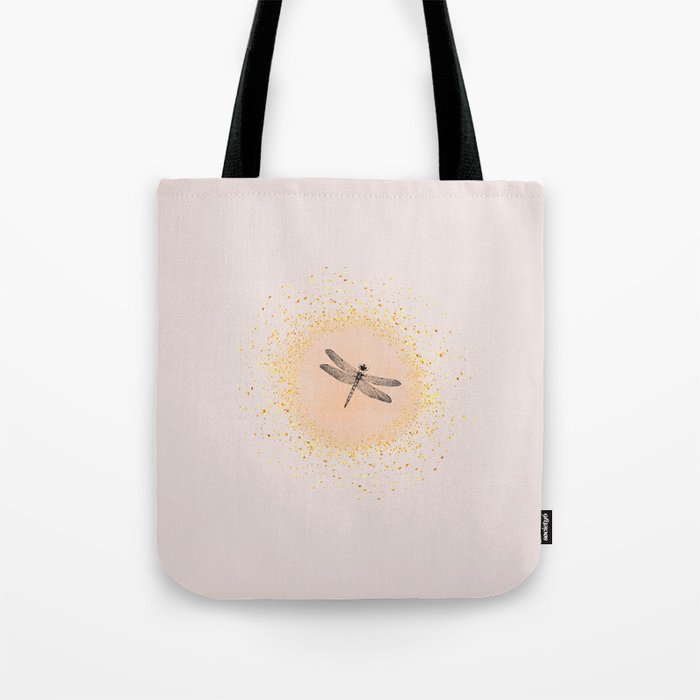 Sketched Dragonfly and Gold Circle Frame on Pale Pink Tote Bag