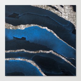 Watercolor Navy Blue And Silver Glitter Liquid Marble Abstract Pattern Canvas Print