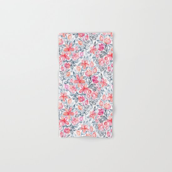 Coral and Grey Candy Striped Crayon Floral Hand & Bath Towel
