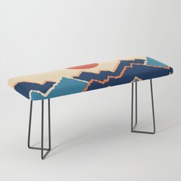 Vibrant Sun Rising Over Serene Mountains Minimalist Abstract Nature Art In Retro 70s & 80s Color Palette Bench