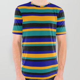 [ Thumbnail: Orange, Teal, Black, and Dark Blue Colored Stripes/Lines Pattern All Over Graphic Tee ]