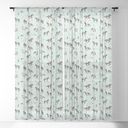 Floral Horse Pattern, Flowers and Horses, Romantic Blue, Horse Decor, Horse Art Sheer Curtain