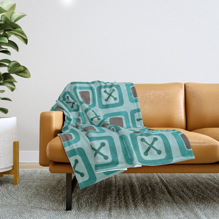 Mid Century Modern Squares Lines Turquoise Throw Blanket